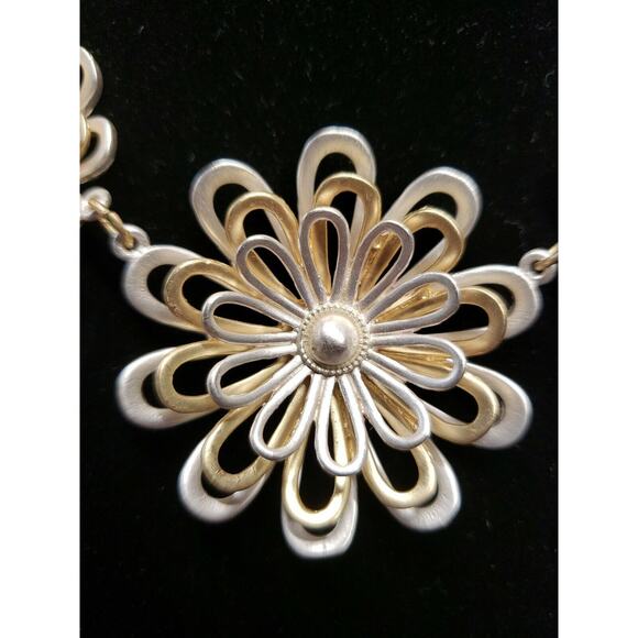 Two Tone Mixed Metals Flower Necklace Set Matte Gold and Silver Tone, w/Earrings - Picture 3 of 12